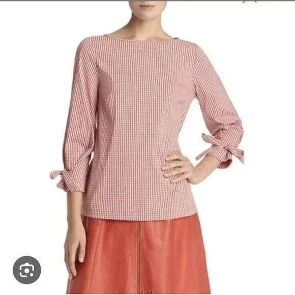 Lafayette 148 Linen Gingham Blouse Women’s Small Peach Check 3/4 Sleeve Bow Cuff - Picture 1 of 10